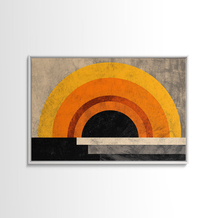Orange Sun Rainbow Horizon Framed Canvas Print, Midcentury Sun Wall Art, Retro 70s Poster, Warm Modern Boho Living Room Home Decor