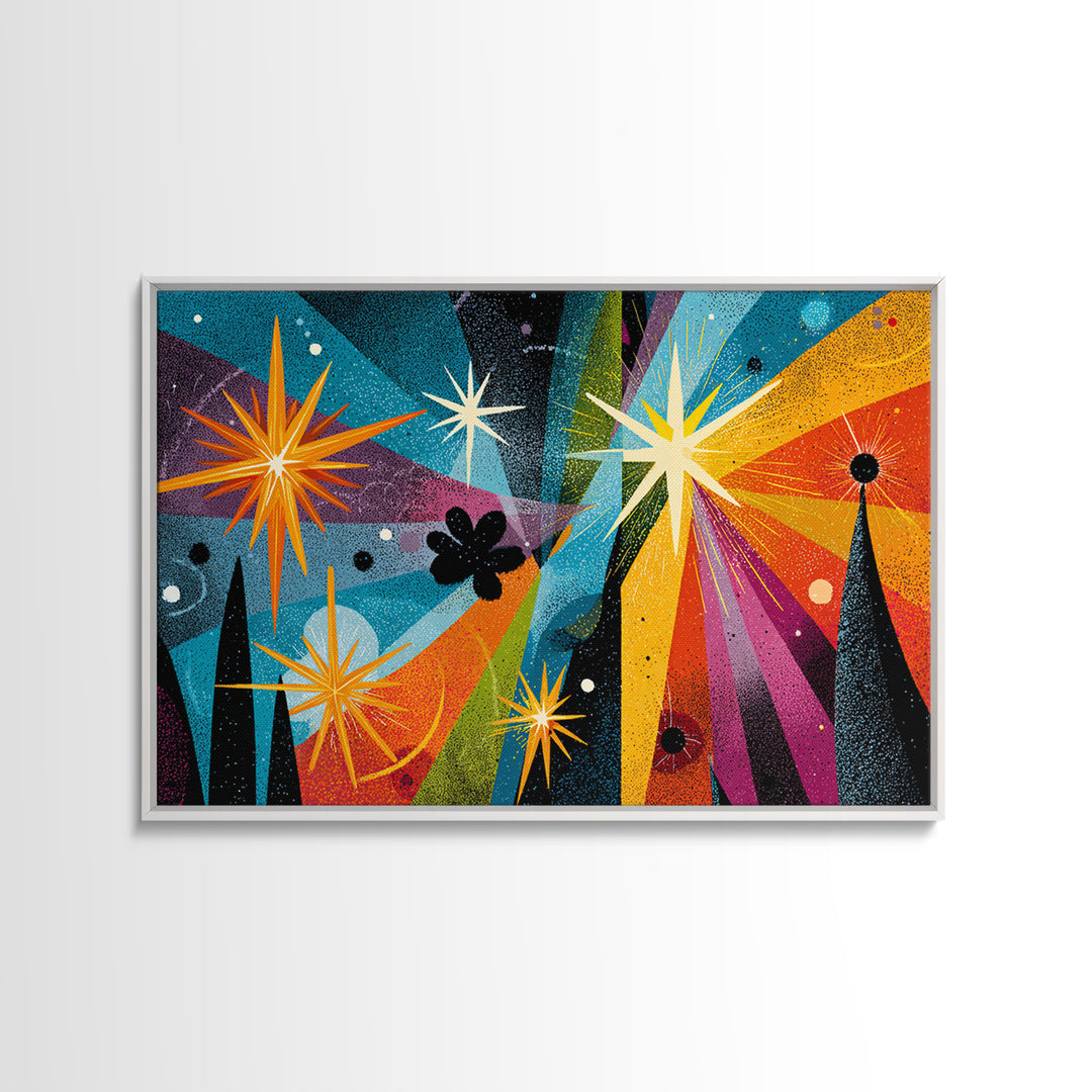 Colorful Atomic Starburst Night Wall Art, Midcentury Modern Art Print, Retro Space Abstract, Funky MCM Living Room Wall Decor