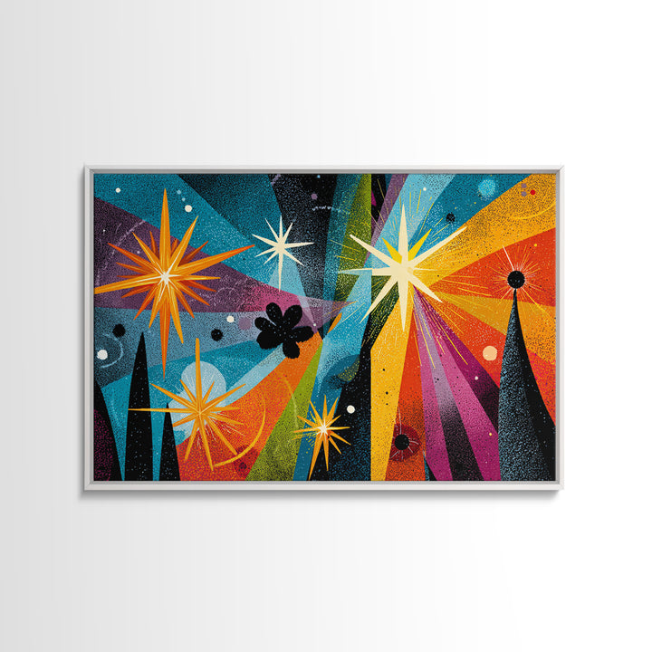 Colorful Atomic Starburst Night Wall Art, Midcentury Modern Art Print, Retro Space Abstract, Funky MCM Living Room Wall Decor