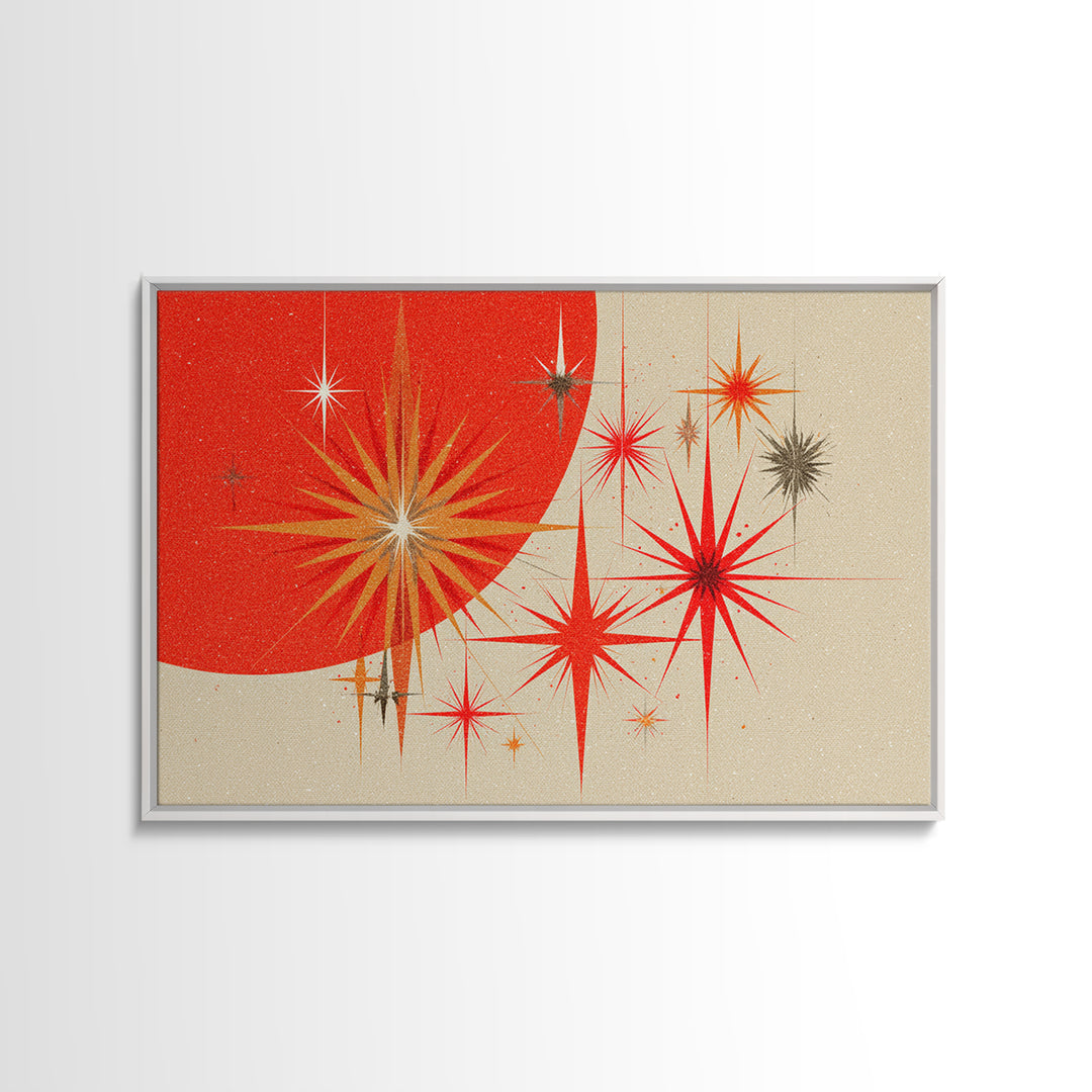 Red Orange Starbursts And Circle Wall Art, Midcentury Modern Abstract Art Print, Atomic Retro Poster, Minimal Home Decor