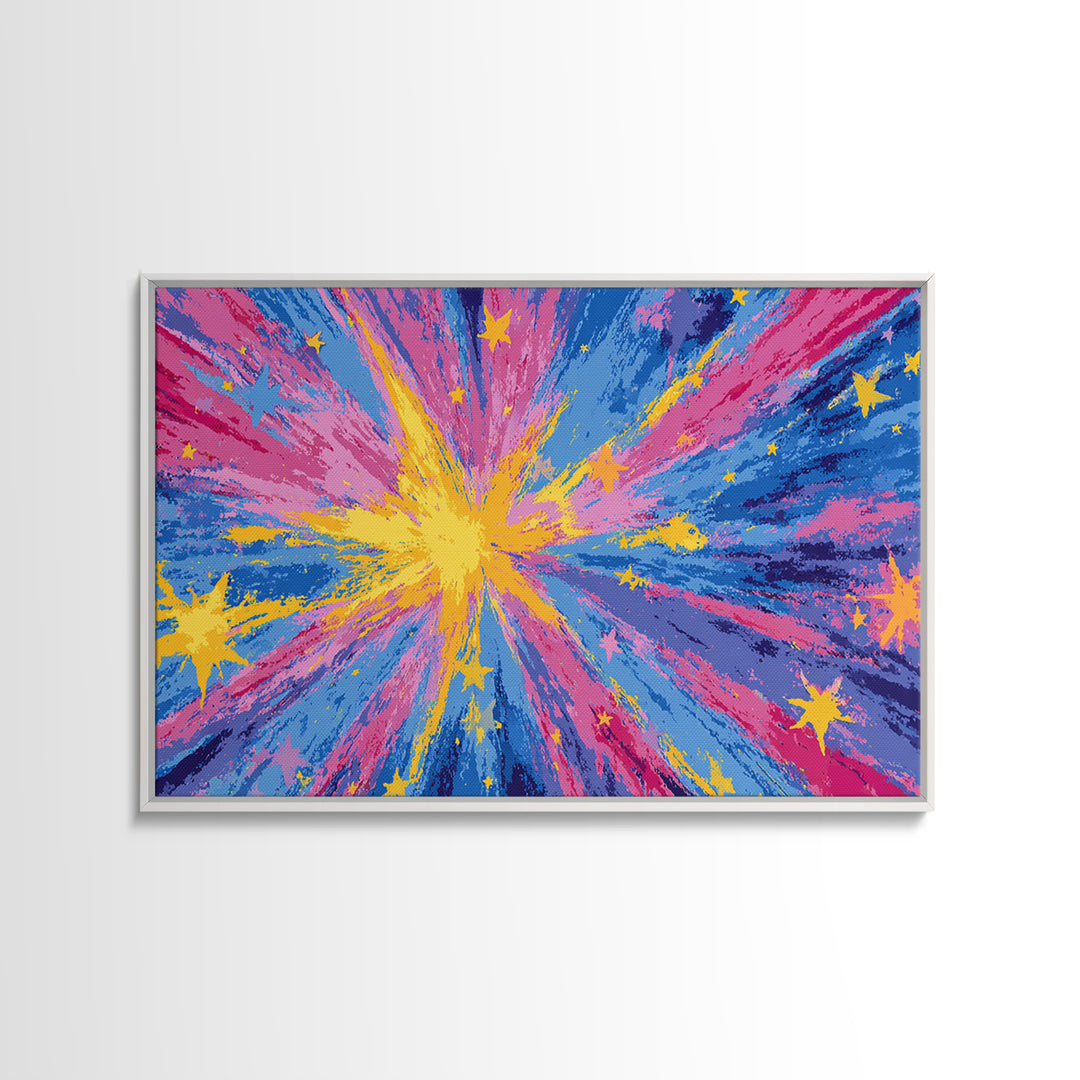 Pink Blue Yellow Star Explosion Canvas Print, Colorful Modern Wall Art, Retro Abstract Poster, Bright Kids Room Nursery Decor