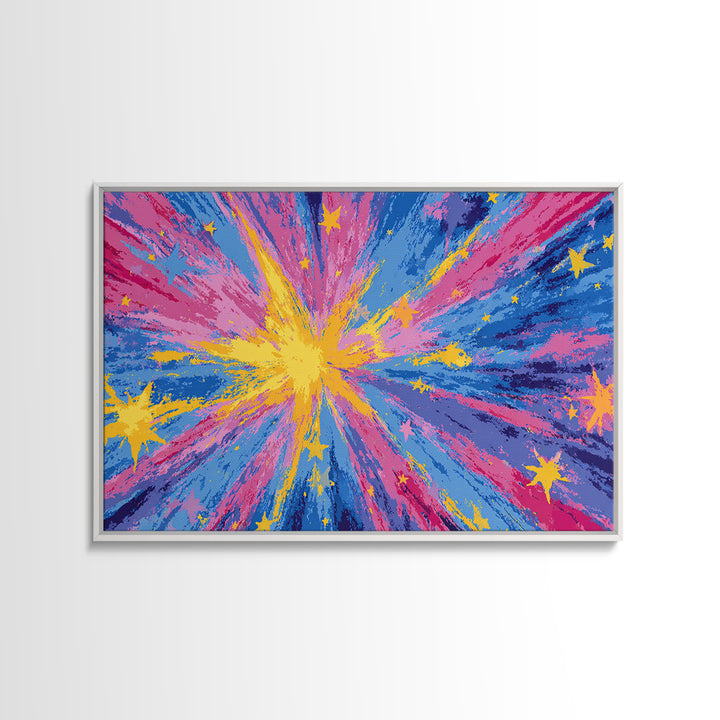 Pink Blue Yellow Star Explosion Canvas Print, Colorful Modern Wall Art, Retro Abstract Poster, Bright Kids Room Nursery Decor