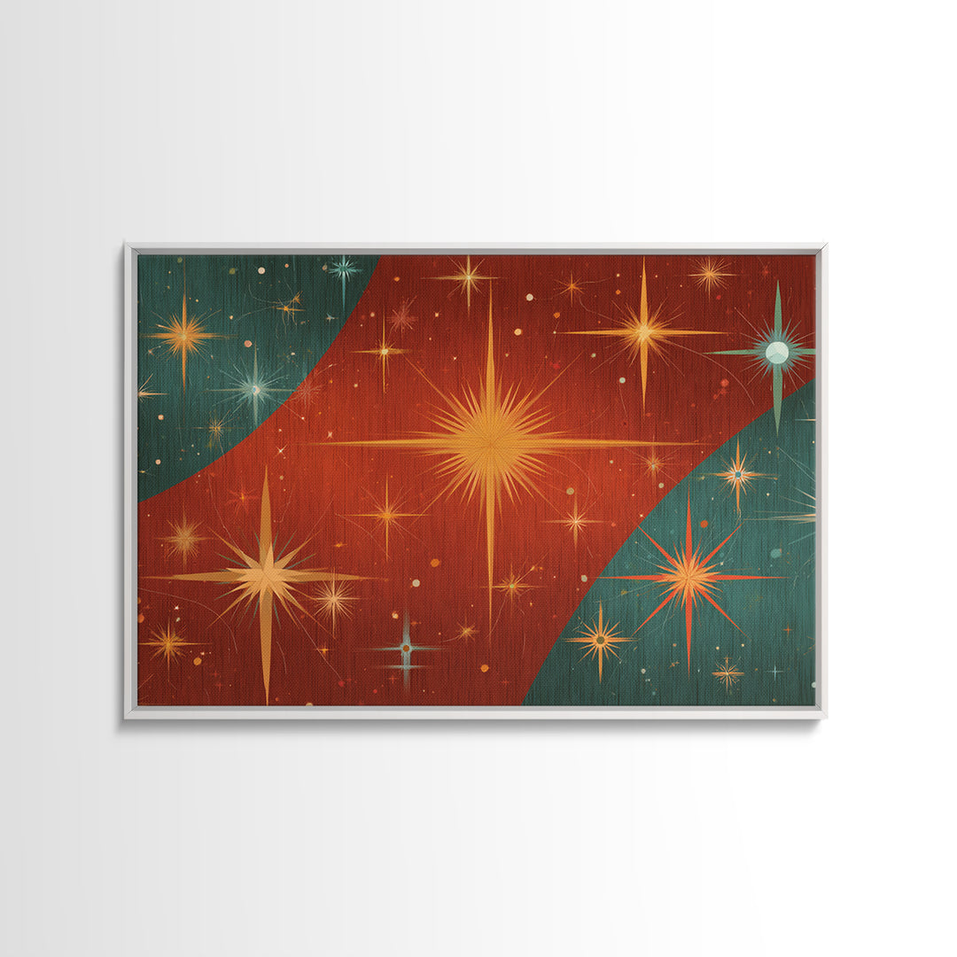 Red Teal Atomic Starburst Wall Art, Midcentury Modern Art Print, Retro Space Abstract, Warm MCM Living Room Statement Home Decor