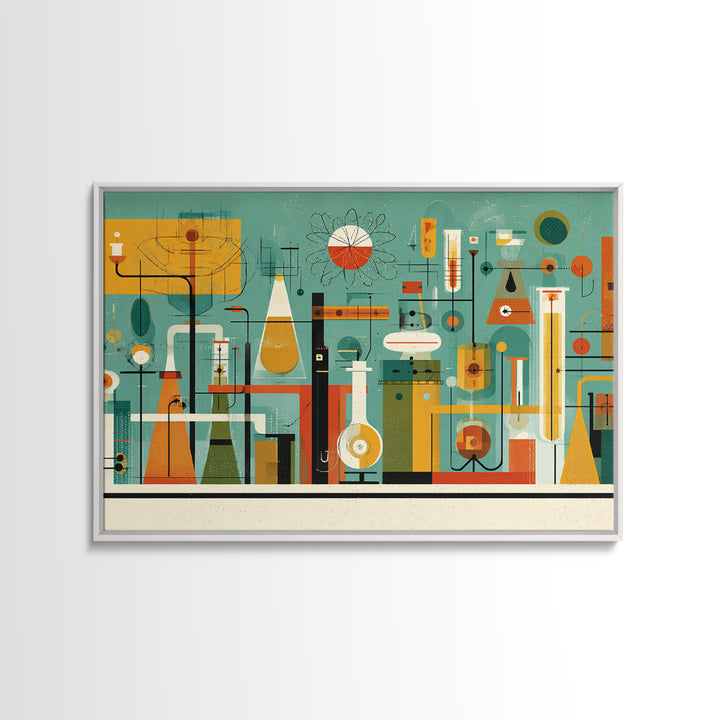 Retro Chemistry Lab With Beakers Wall Art, Midcentury Modern Science Print, Atomic Decor, Teal Orange Laboratory Artwork