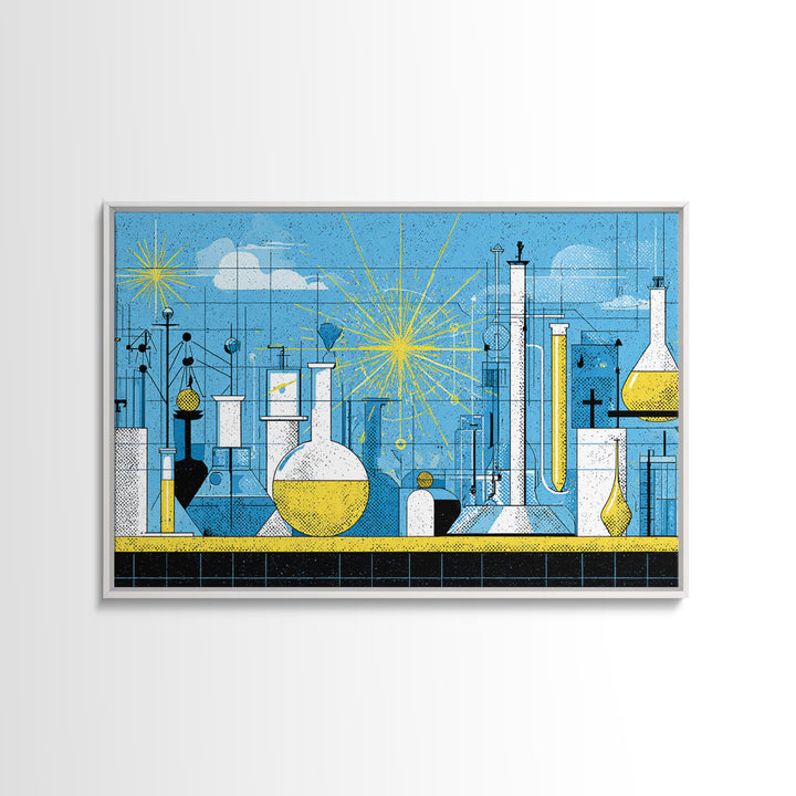 Blue Atomic Science Lab Canvas Print, Midcentury Modern Art, Yellow Sunburst Chemistry Decor, Retro Laboratory Wall Decor