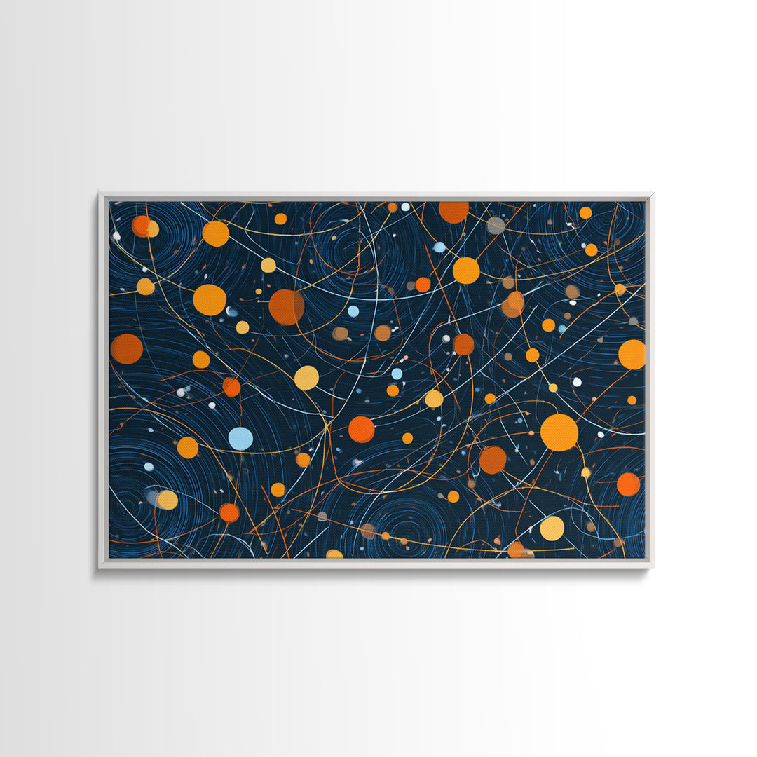 Dark Blue Orange Orbital Wall Art, Midcentury Modern Atomic Abstract Print, Cosmic Geometric Decor, MCM Retro Space Poster