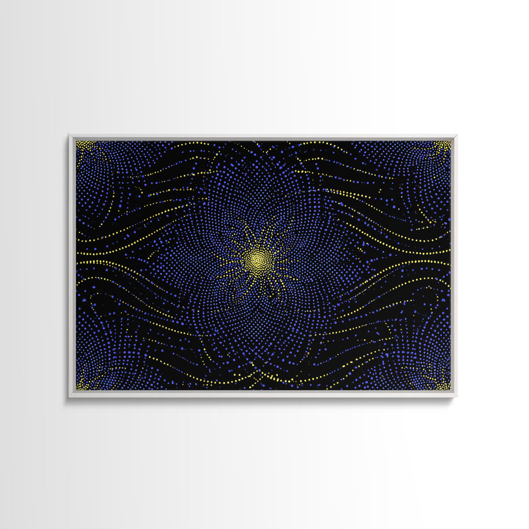 Blue Yellow Dotted Wave Canvas Print, Midcentury Modern Abstract Art, Optical Op Art Starburst, Cosmic Geometric Wall Decor