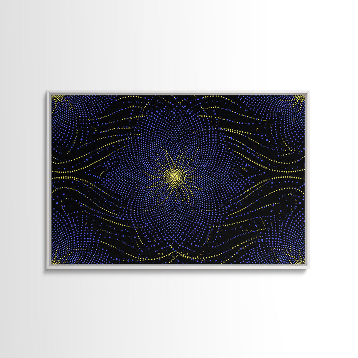 Blue Yellow Dotted Wave Canvas Print, Midcentury Modern Abstract Art, Optical Op Art Starburst, Cosmic Geometric Wall Decor