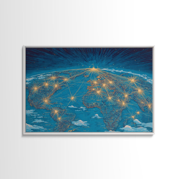 Earth From Space Network Lights Framed Canvas Print, Modern Wall Art, Midcentury Futuristic Travel Poster For Office Decor