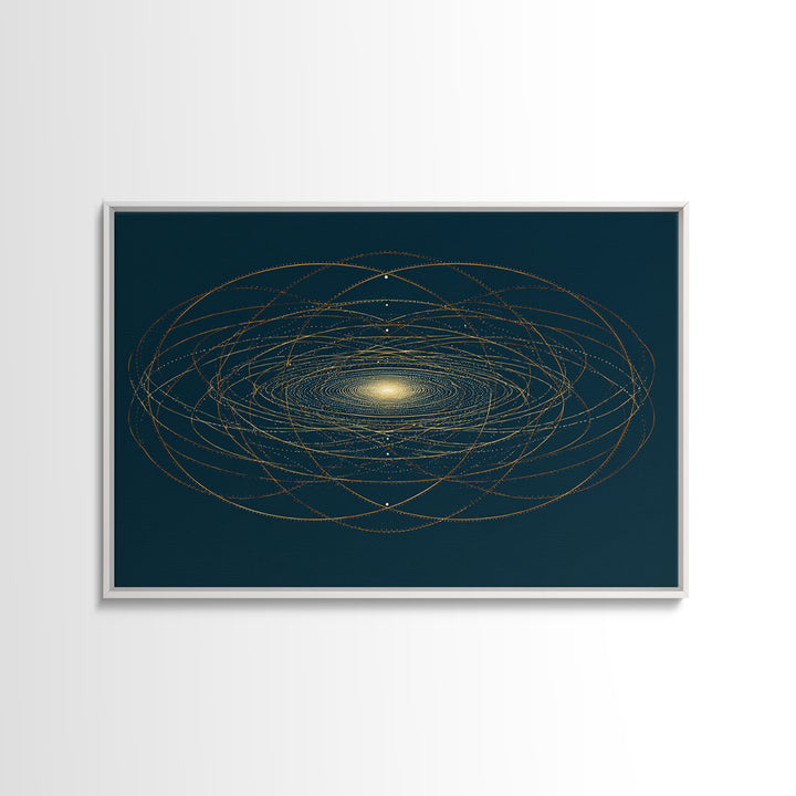 Golden Orbital Galaxy Mandala Framed Canvas Print, Midcentury Modern Abstract Art, Dark Teal Cosmic Geometric Wall Decor