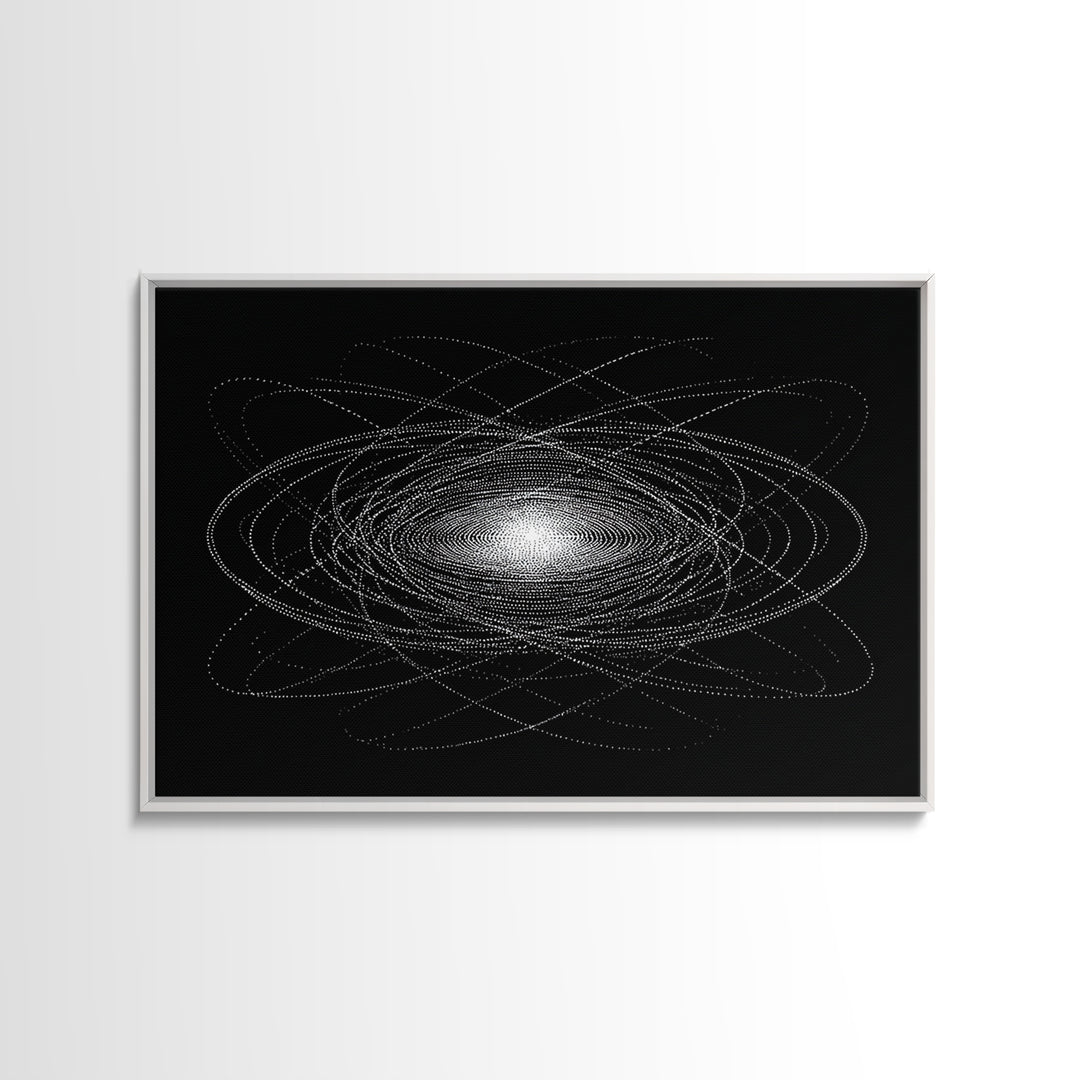 White Dotted Orbital Galaxy Wall Art, Cosmic Abstract Art Print, Modern Space Poster, Sci Fi Wall Decor, Black Minimalist Decor