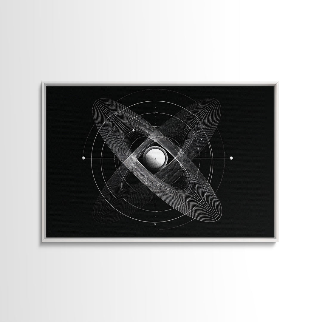 Atomic Sphere Orbit Canvas Print, Black And White Space Art, Geometric Wall Art, Modern Abstract Poster, Science Office Decor
