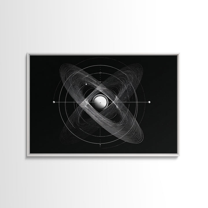 Atomic Sphere Orbit Canvas Print, Black And White Space Art, Geometric Wall Art, Modern Abstract Poster, Science Office Decor