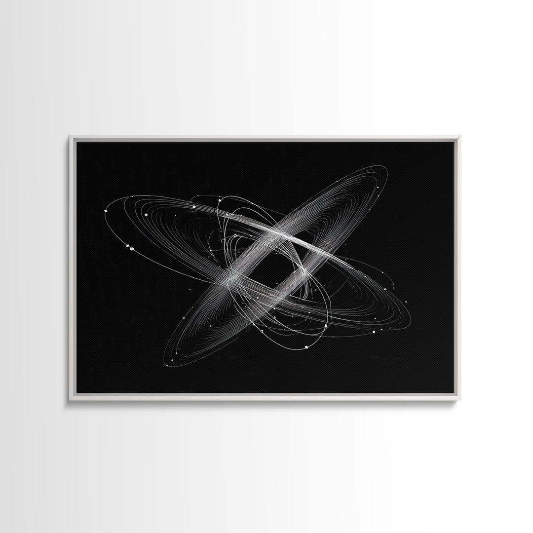 Tilted White Orbital Atom Wall Art, Minimalist Space Abstract Art Print, Modern Geometric Poster, Black Sci Fi Office Decor