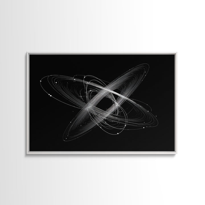 Tilted White Orbital Atom Wall Art, Minimalist Space Abstract Art Print, Modern Geometric Poster, Black Sci Fi Office Decor