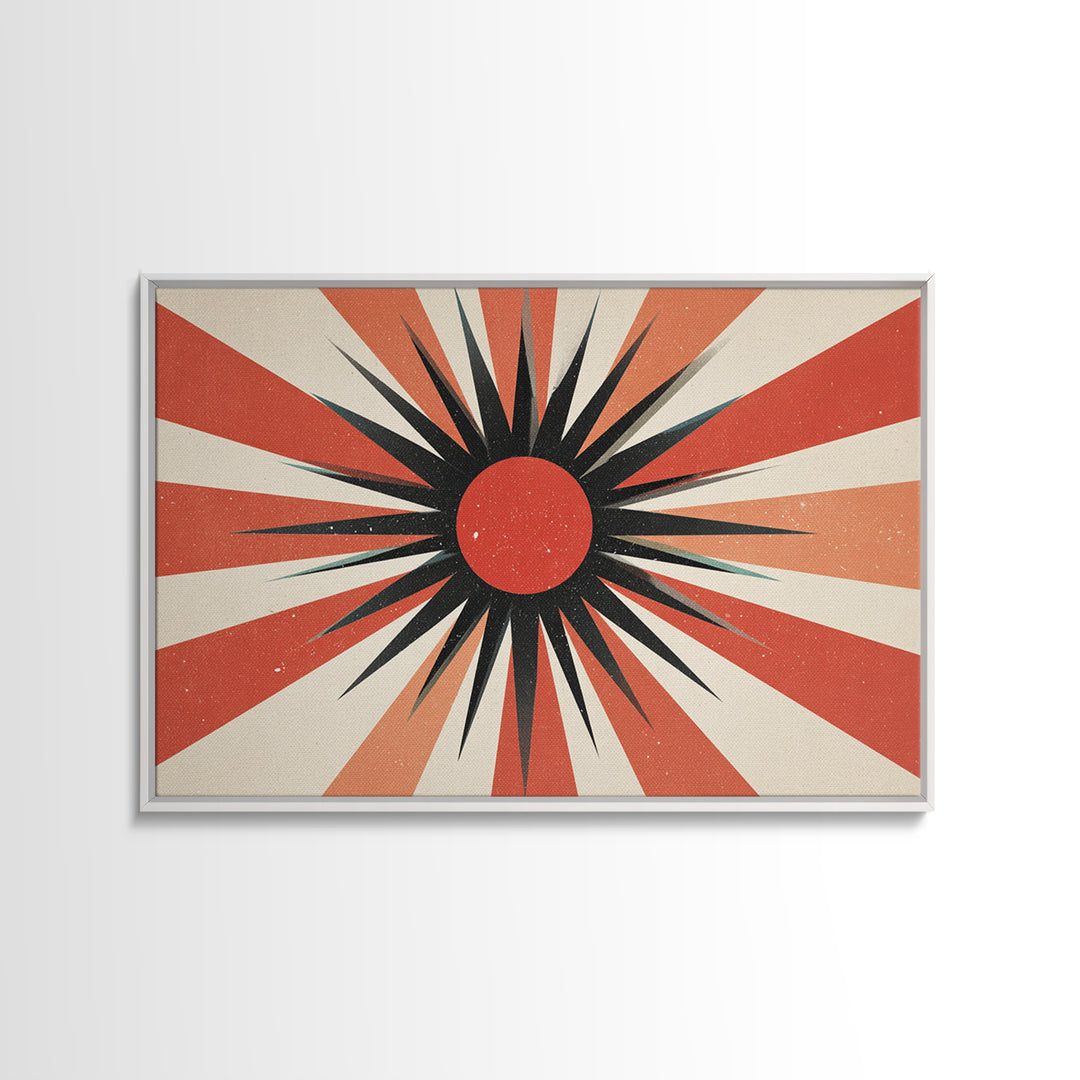 Red Black Retro Sunburst Wall Art, Midcentury Atomic Art Print, Orange Cream Geometric Poster, 60s Modern Living Room Wall Decor