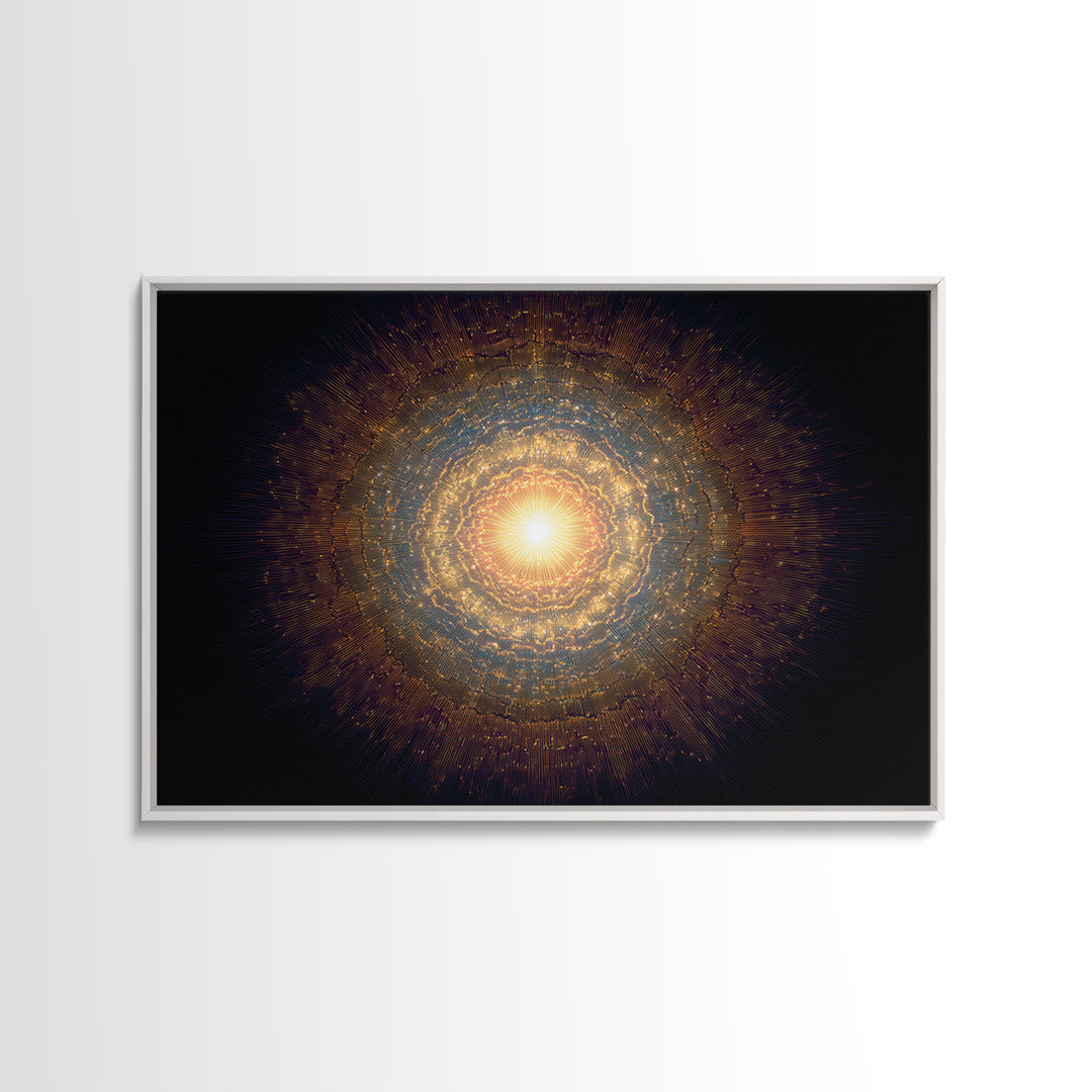 Golden Cosmic Mandala Framed Canvas Print, Abstract Spiritual Art, Modern Wall Art, Radiant Space Poster, Meditation Decor