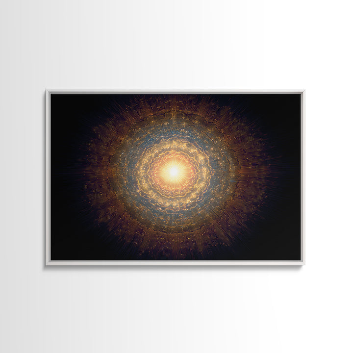 Golden Cosmic Mandala Framed Canvas Print, Abstract Spiritual Art, Modern Wall Art, Radiant Space Poster, Meditation Decor