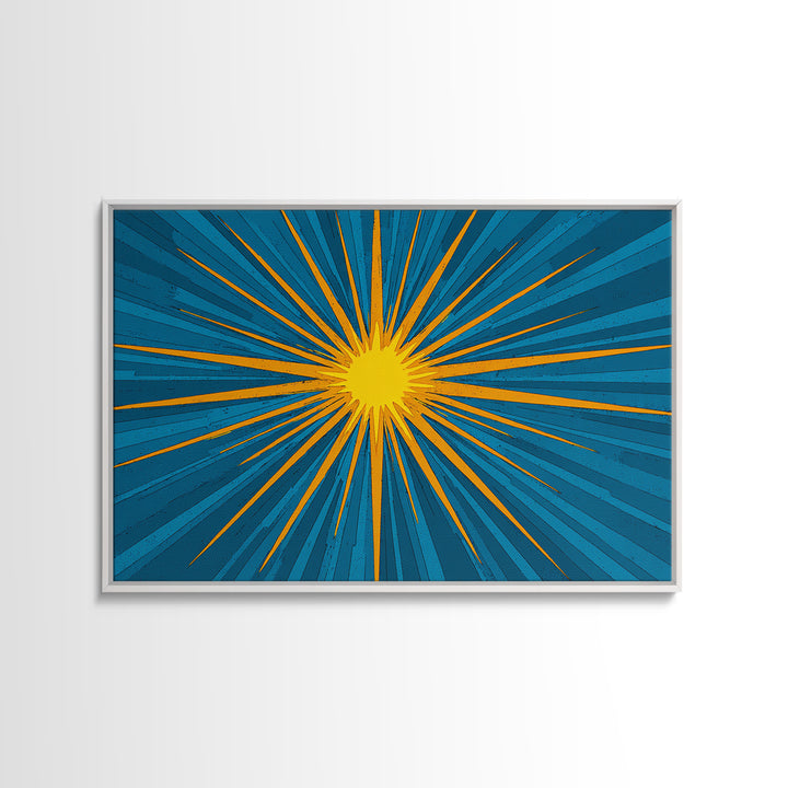 Blue Yellow Pop Art Sunburst Wall Art, Midcentury Modern Decor, Retro Geometric Print, Atomic MCM Living Room Decor Gift
