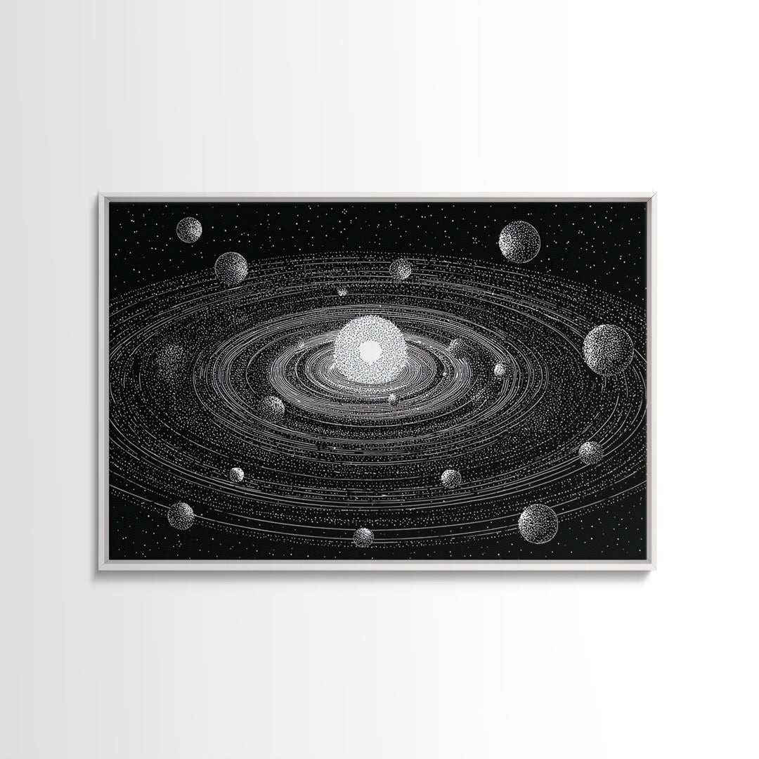 Black White Solar System Framed Canvas Print, Retro Sci Fi Wall Art, Midcentury Space Poster, Astronomy Office Decor Gift