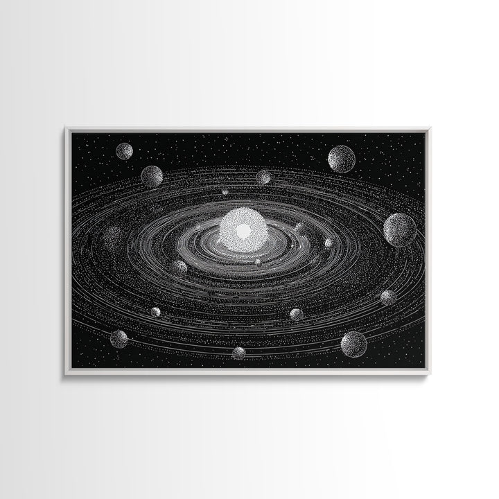 Black White Solar System Framed Canvas Print, Retro Sci Fi Wall Art, Midcentury Space Poster, Astronomy Office Decor Gift