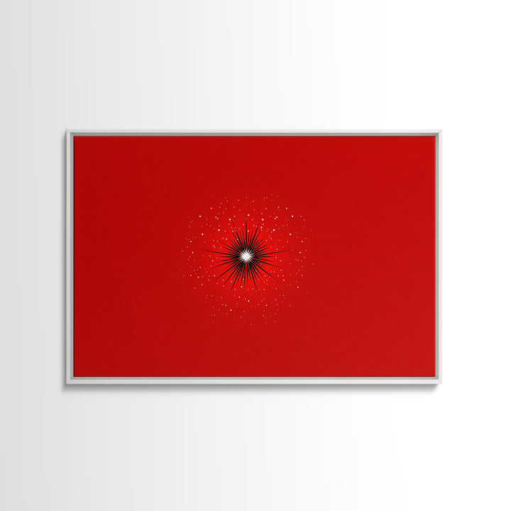 Minimal Red Starburst Wall Art, Modern Abstract Art Print, Retro Space Poster, Black White Spark Decor, Bold MCM Home Decor Gift
