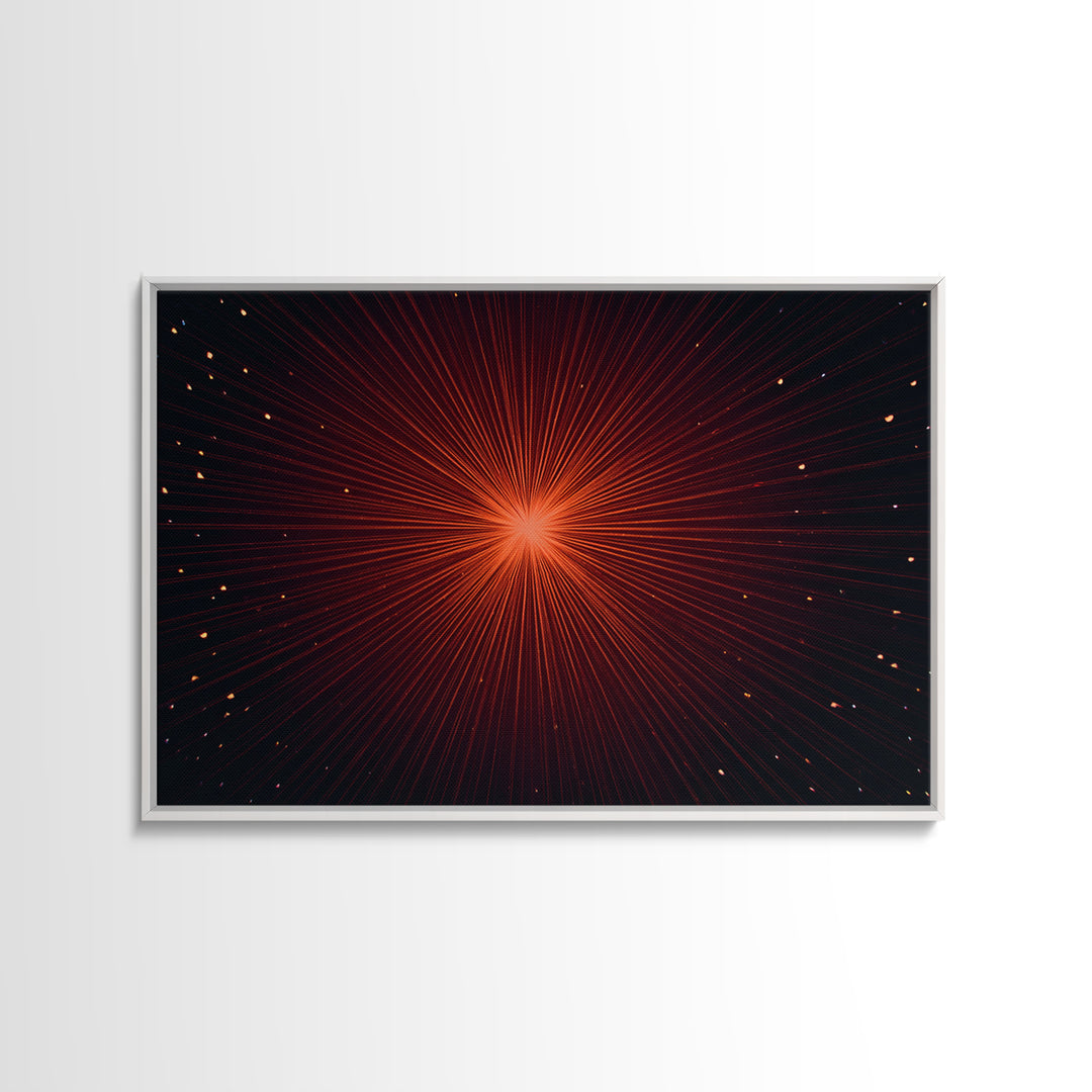 Radiant Red Starburst Light Rays In Black Space Canvas Print, Retro Futuristic Wall Decor, Modern Abstract Art For Living Room