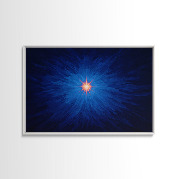 Electric Blue Cosmic Burst With Orange Star Center Canvas Print, Modern Abstract Art, Space Wall Decor For Bedroom And Office