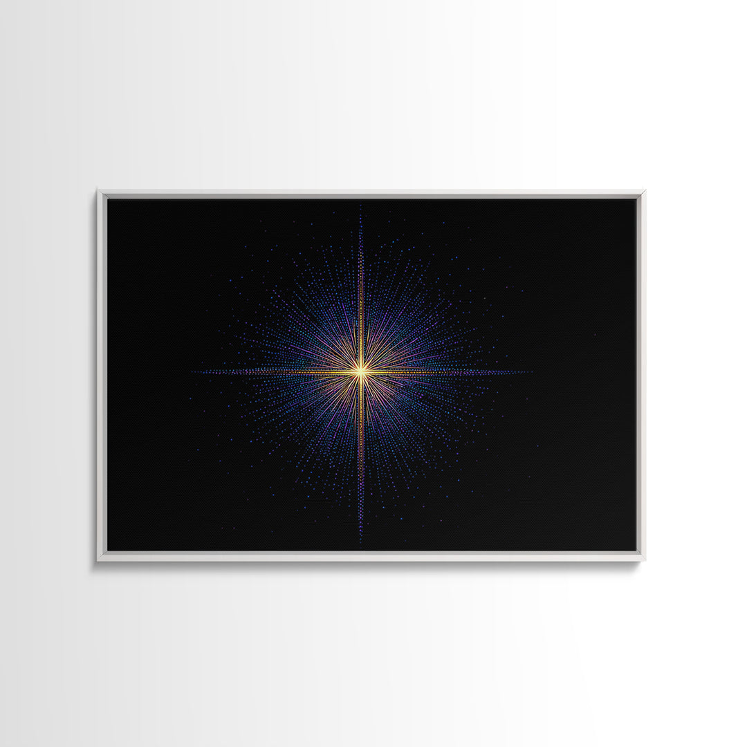 Neon Dotted Starburst On Black Space Wall Art, Retro Futuristic Digital Art Print, Modern Geometric Decor For Office And Studio