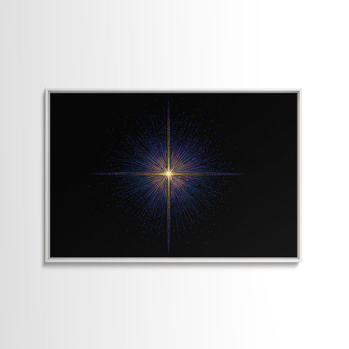 Neon Dotted Starburst On Black Space Wall Art, Retro Futuristic Digital Art Print, Modern Geometric Decor For Office And Studio