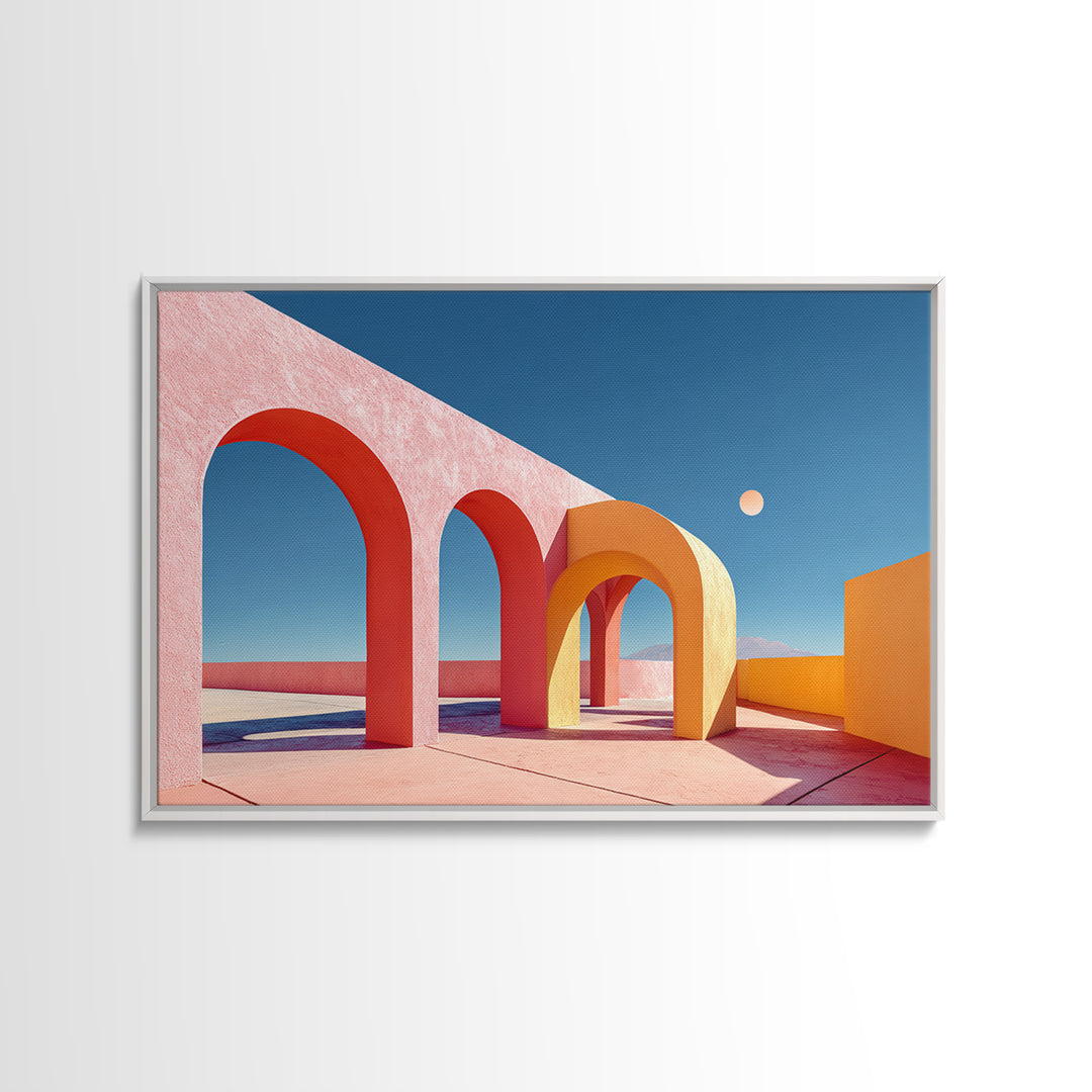 Pink Desert Arches With Orange Moon Framed Canvas Print, Midcentury Modern Wall Art, Architectural Decor For Living Room
