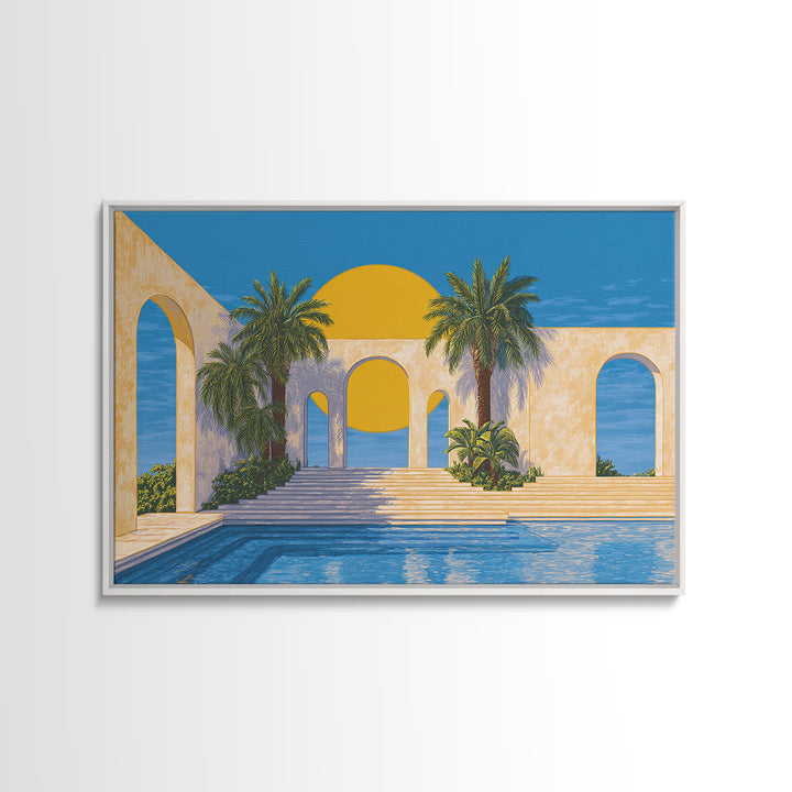 Tropical Palm Pool With Sunlit Arches Canvas Print, Palm Springs Wall Art, Midcentury Modern Decor For Beach House Patio