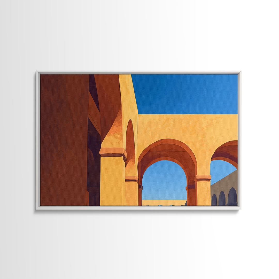 Golden Arches And Blue Sky Shadows Wall Art, Mediterranean Architectural Print, Modern Home Decor For Entryway And Office