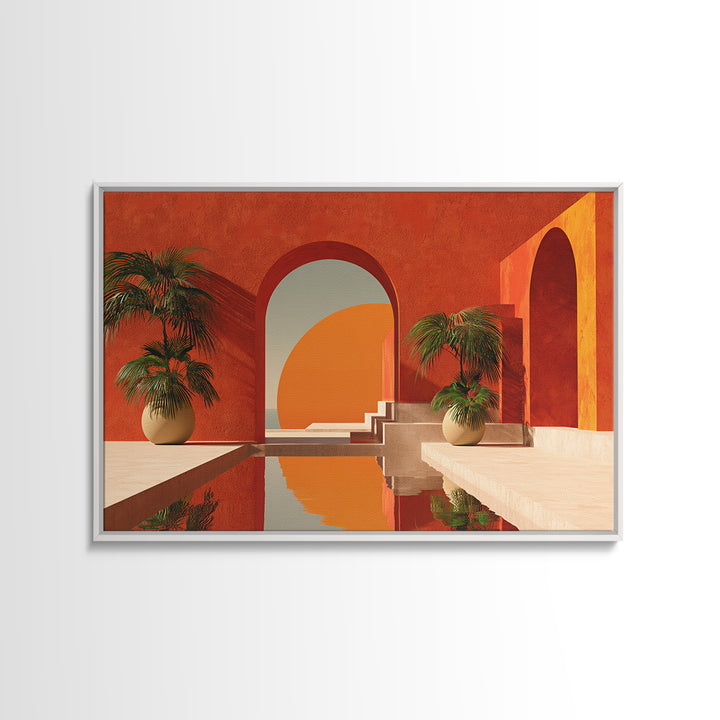 Terracotta Courtyard With Palms And Reflecting Pool Canvas Print, Modern Wall Art, Southwestern Decor For Living Room And Entry