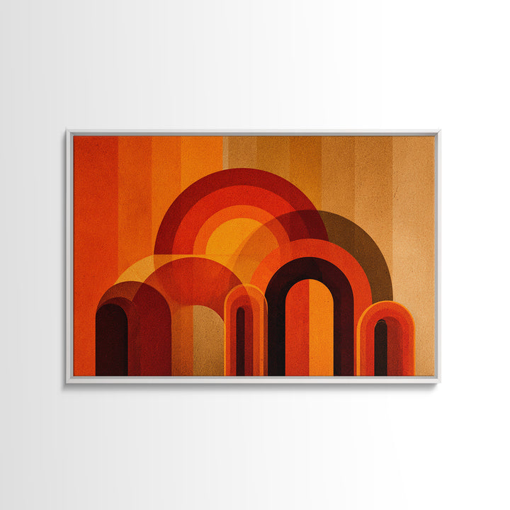 Retro Orange Abstract Arches And Circles Wall Art, Midcentury Modern Geometric Print, Bold 70s Decor For Living Room And Office