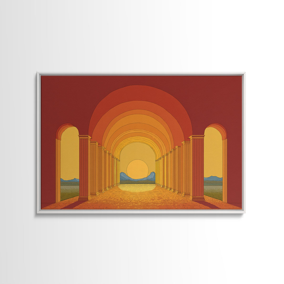 Sunset Arcade Colonnade In Orange Desert Wall Art, Midcentury Modern Architectural Print, Retro Home Decor For Hallway And Entryway