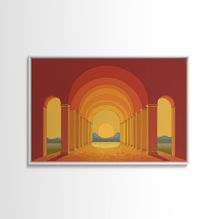 Sunset Arcade Colonnade In Orange Desert Wall Art, Midcentury Modern Architectural Print, Retro Home Decor For Hallway And Entryway