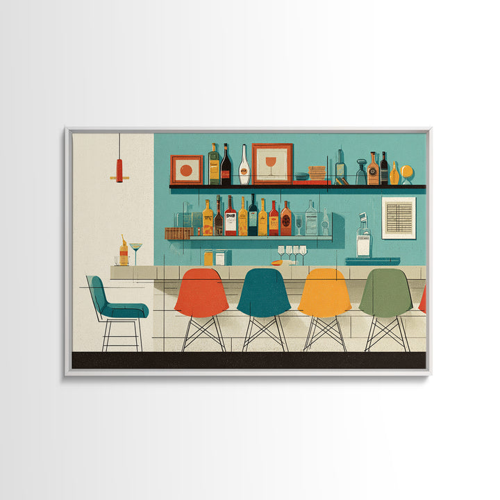 Minimal Cocktail Lounge With Color Chairs Wall Art, Midcentury Modern Art Print, Retro Bar Poster, MCM Kitchen Decor, Cafe Wall Art