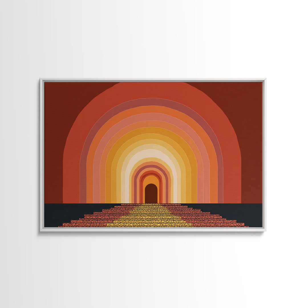 Rainbow Tunnel Arches With Stairway To Light Framed Canvas Print, Retro Wall Art, 70s Geometric Decor For Living Room And Office