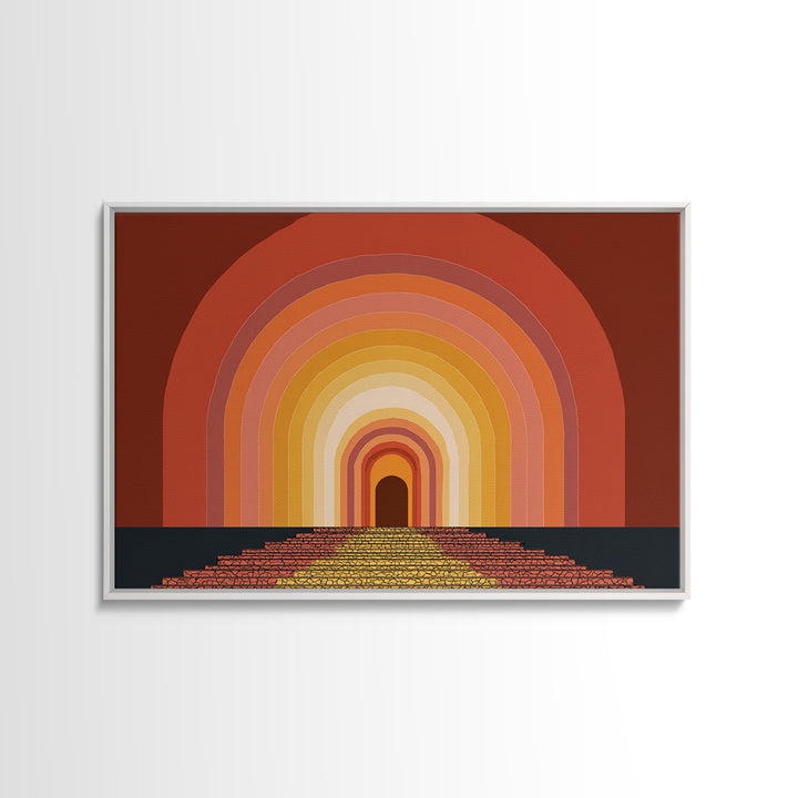 Rainbow Tunnel Arches With Stairway To Light Framed Canvas Print, Retro Wall Art, 70s Geometric Decor For Living Room And Office