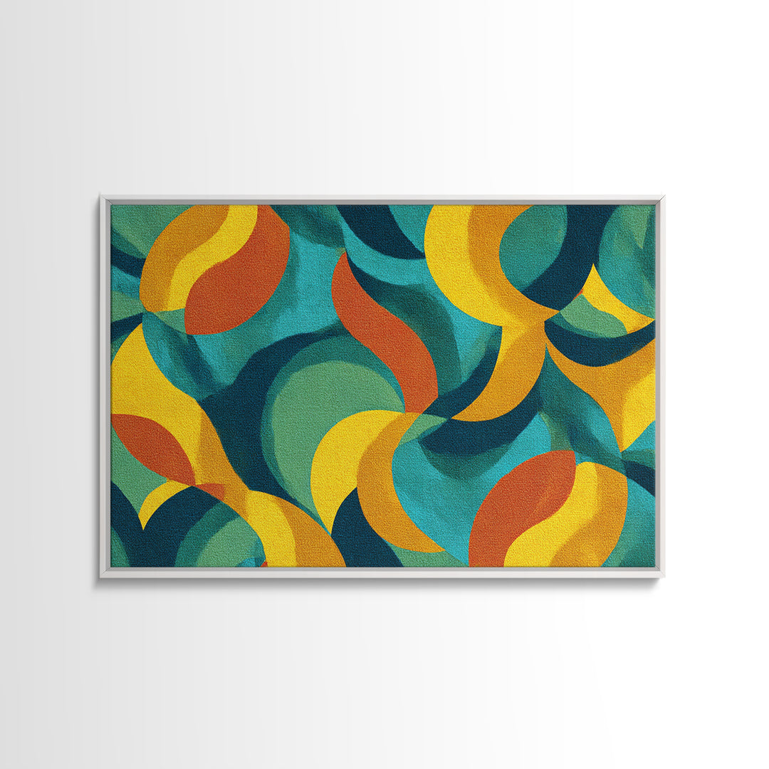 Teal Yellow Rust Crescent Shapes Framed Canvas Print, Midcentury Modern Art, Retro Geometric Wall Decor, Colorful Home Poster