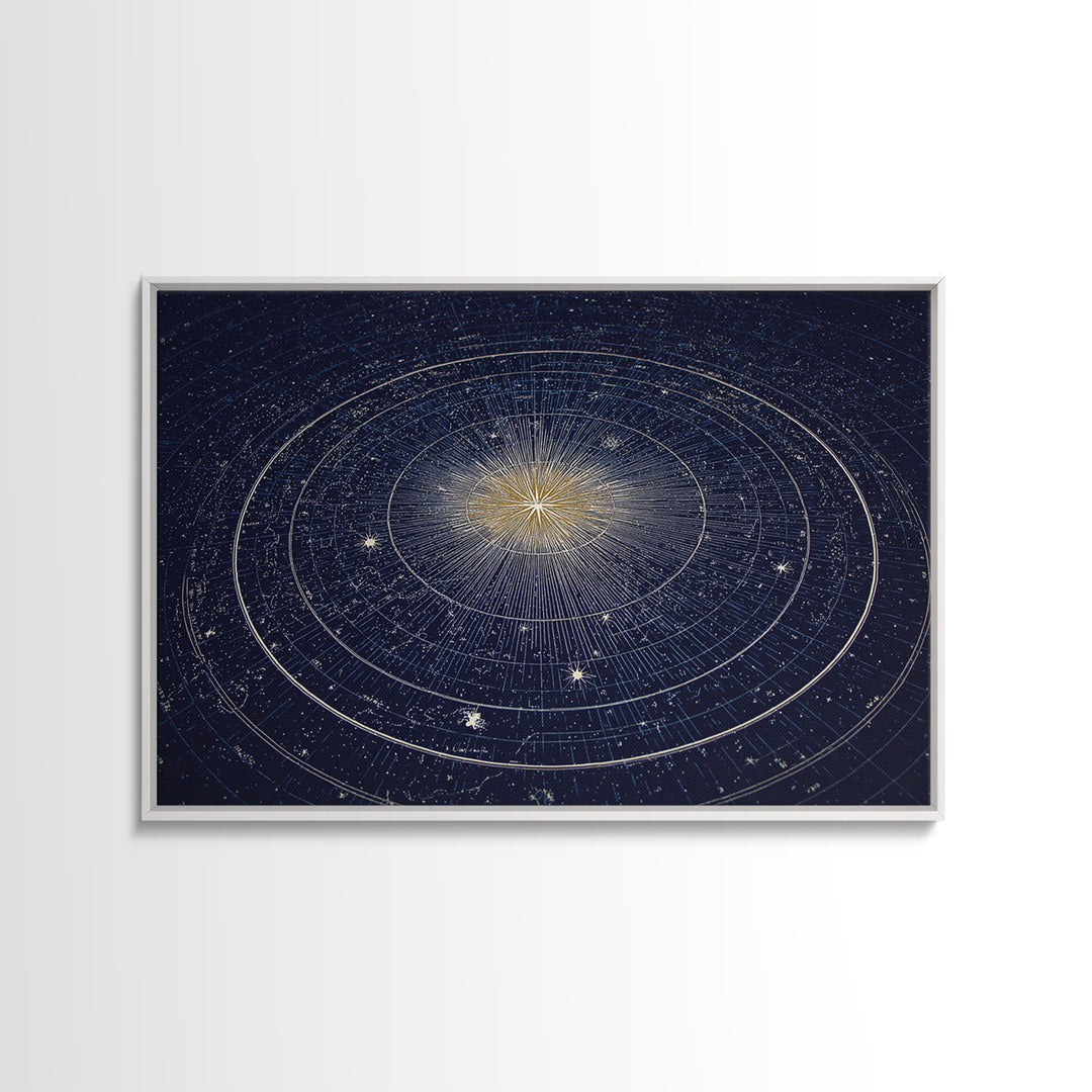 Navy Gold Celestial Compass Framed Canvas Print, Star Map Wall Art, Modern Cosmic Decor, Astronomy Home Office Poster Gift