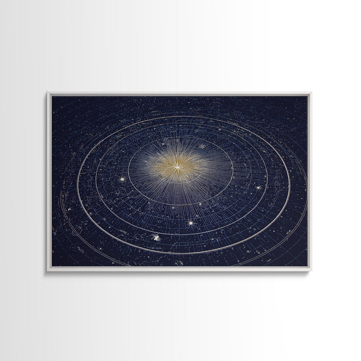Navy Gold Celestial Compass Framed Canvas Print, Star Map Wall Art, Modern Cosmic Decor, Astronomy Home Office Poster Gift