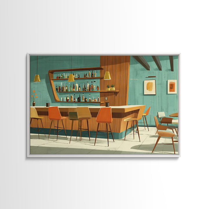Wood And Teal Modernist Lounge Bar Wall Art, Midcentury Modern Canvas Print, Retro Cocktail Poster, Scandinavian Decor, MCM Decor