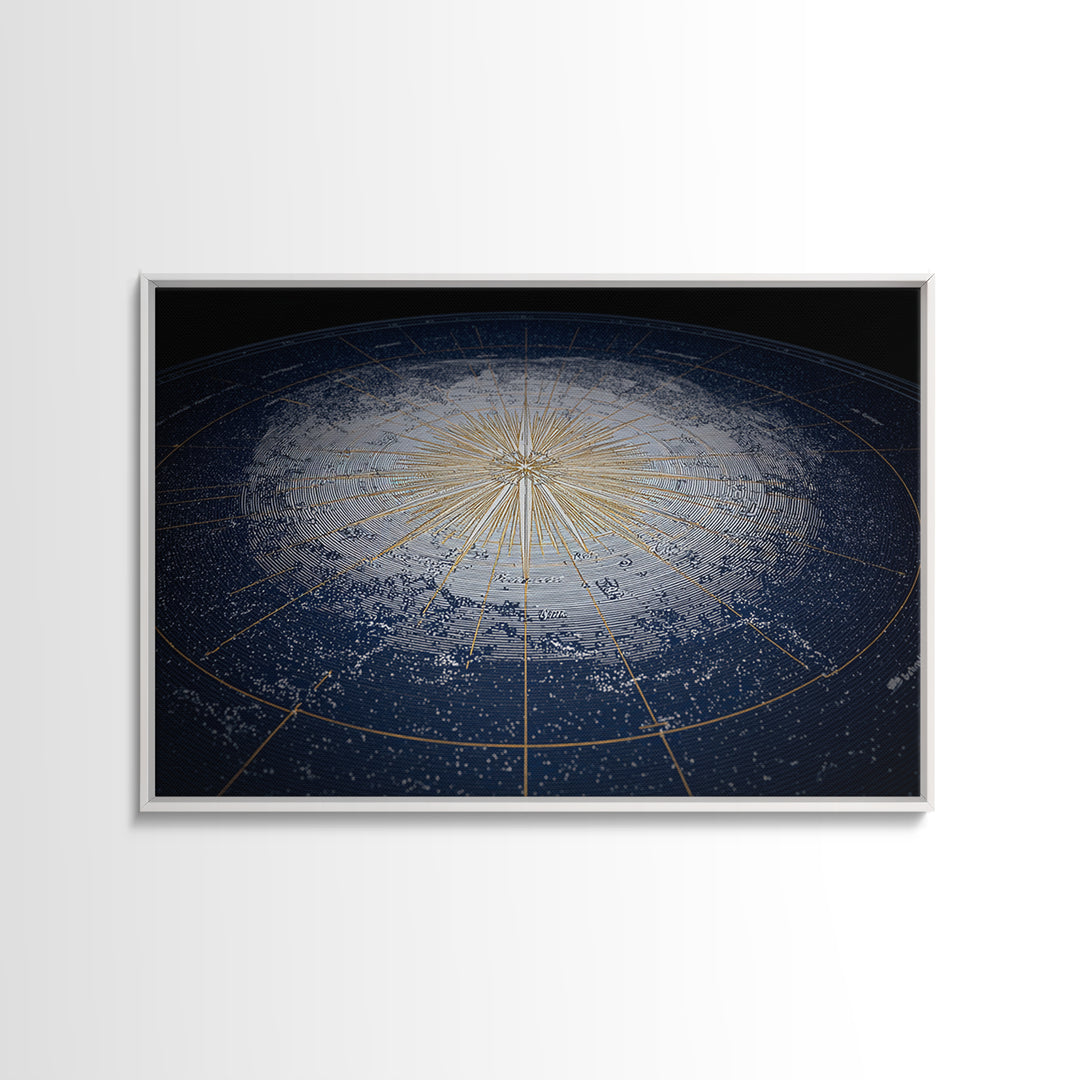 Blue Gold Radiant Star Map Canvas Print, Celestial Compass Wall Art, Modern Cosmic Decor, Astronomy Living Room Poster Gift