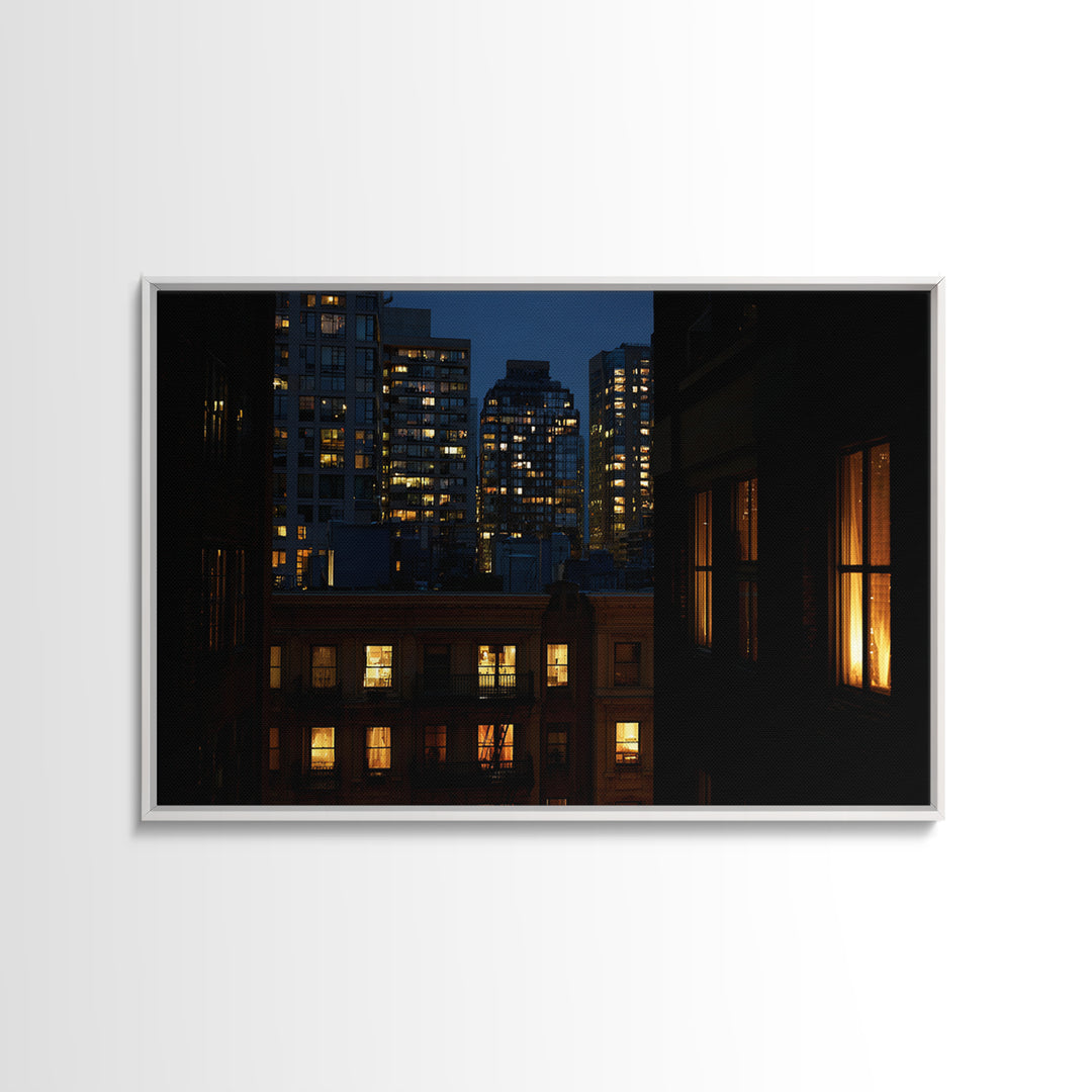 Warm Lit City Windows Wall Art, Urban Night Photography Print, Modern Home Decor, Apartment Decor, Living Room Art, Blue Art