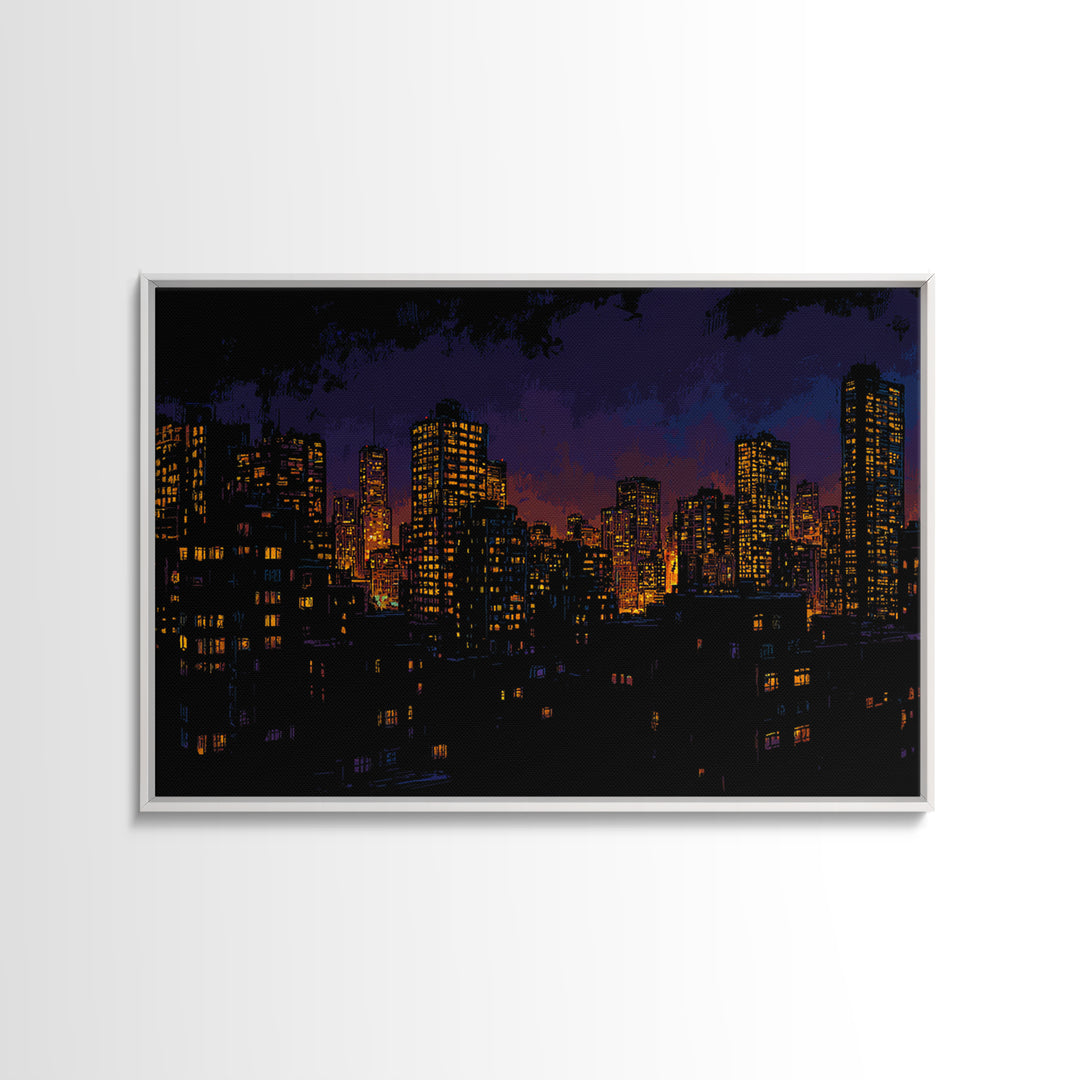 Purple City Skyline At Dusk Canvas Print, Urban Night Poster, Modern Wall Art, Retro Decor, Living Room Decor, Blue Art, Wall Decor