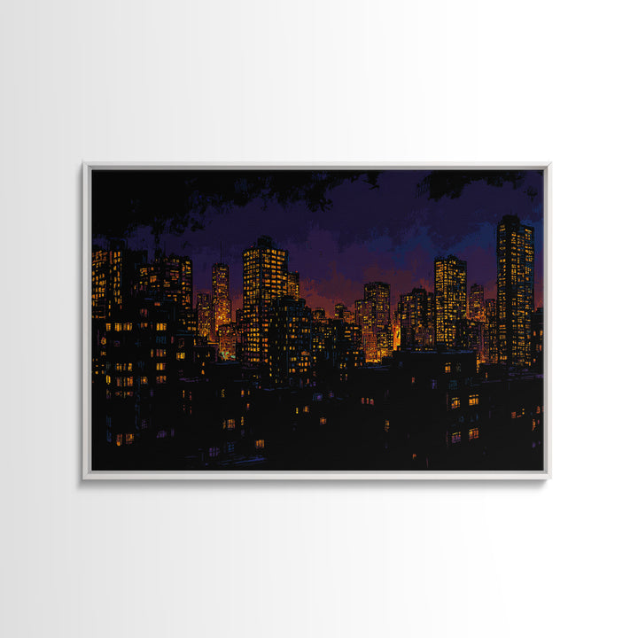Purple City Skyline At Dusk Canvas Print, Urban Night Poster, Modern Wall Art, Retro Decor, Living Room Decor, Blue Art, Wall Decor