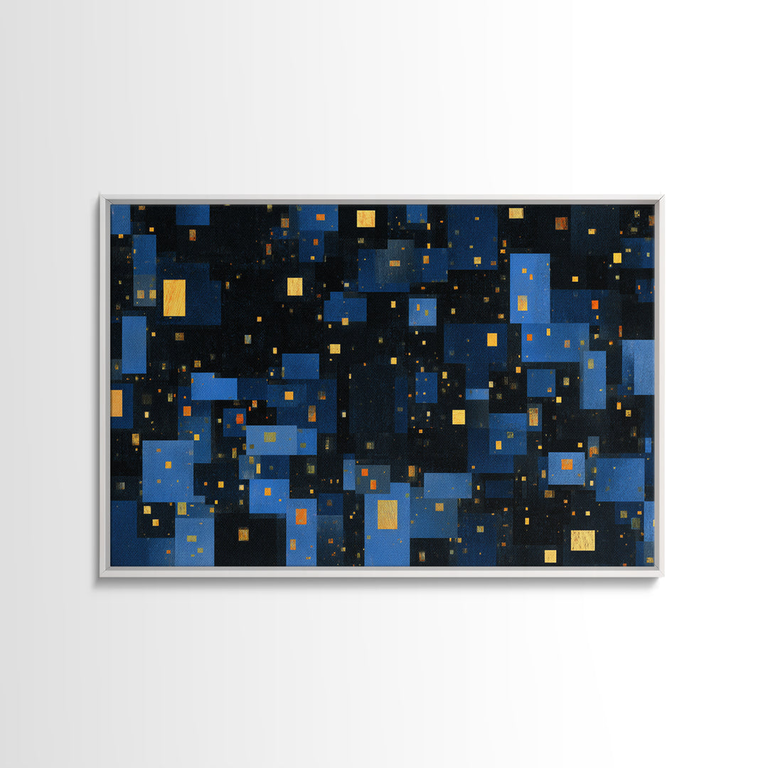Abstract Blue City Blocks Wall Art, Geometric Night Skyline Print, Modern Abstract Art, MCM Wall Art, Office Decor, Blue Art