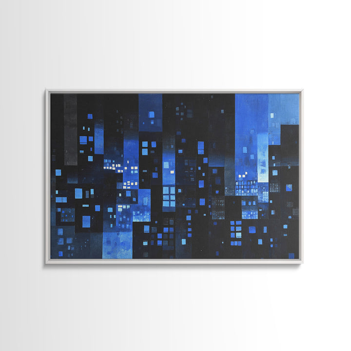 Moody Blue Abstract City Wall Art, Geometric Skyline Canvas Print, Modern Wall Decor, Office Decor, Living Room Art, Blue Art